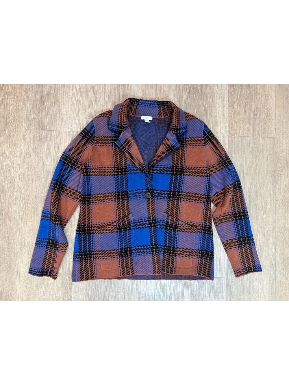 J.Jill Women's XS Petite Plaid Sweater Jacket Blue Rust Knit Notched Collar